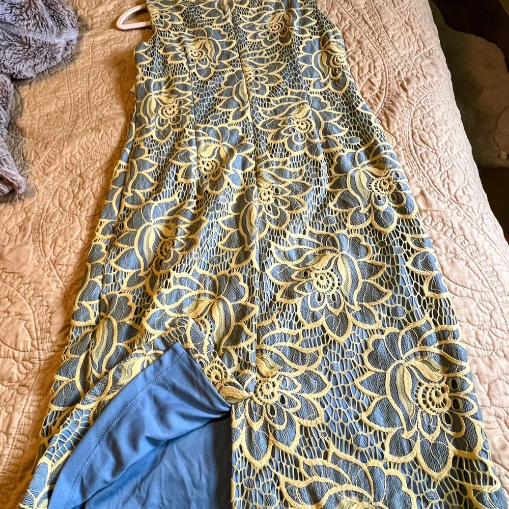 Chetta B Blue and Gold Sheath Mini Dress Spaghetti Strap